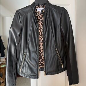 Calvin Klein Black Faux Leather Moto Jacket with Leopard Lining